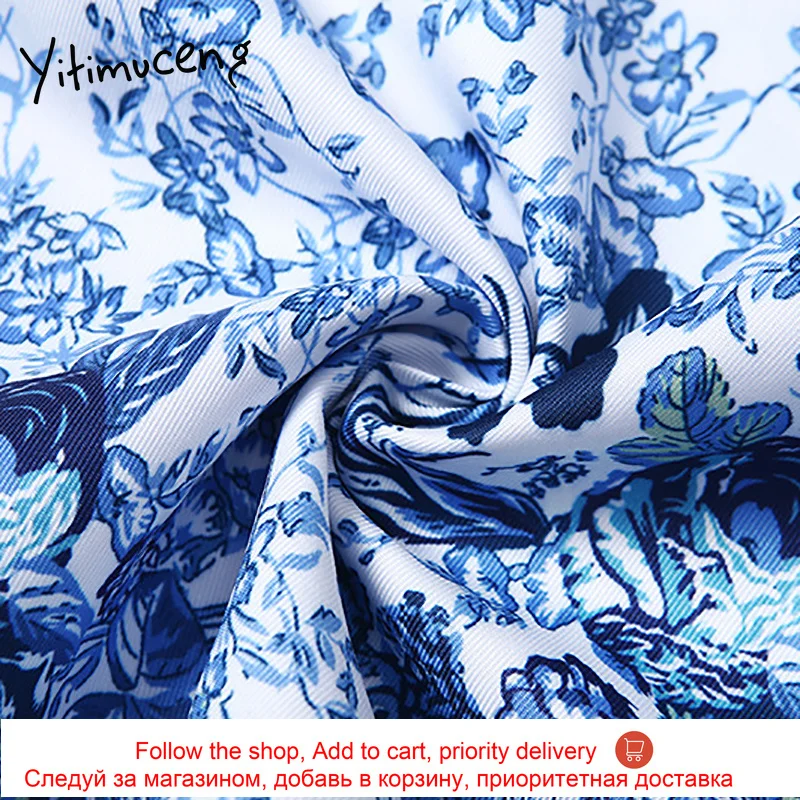 

Yitimuceng Floral Printing Women Dresses Mini Slim Slash Neck Blue Long Sleeve Pencil Dress Summer 2021 Fashion Party Pullover