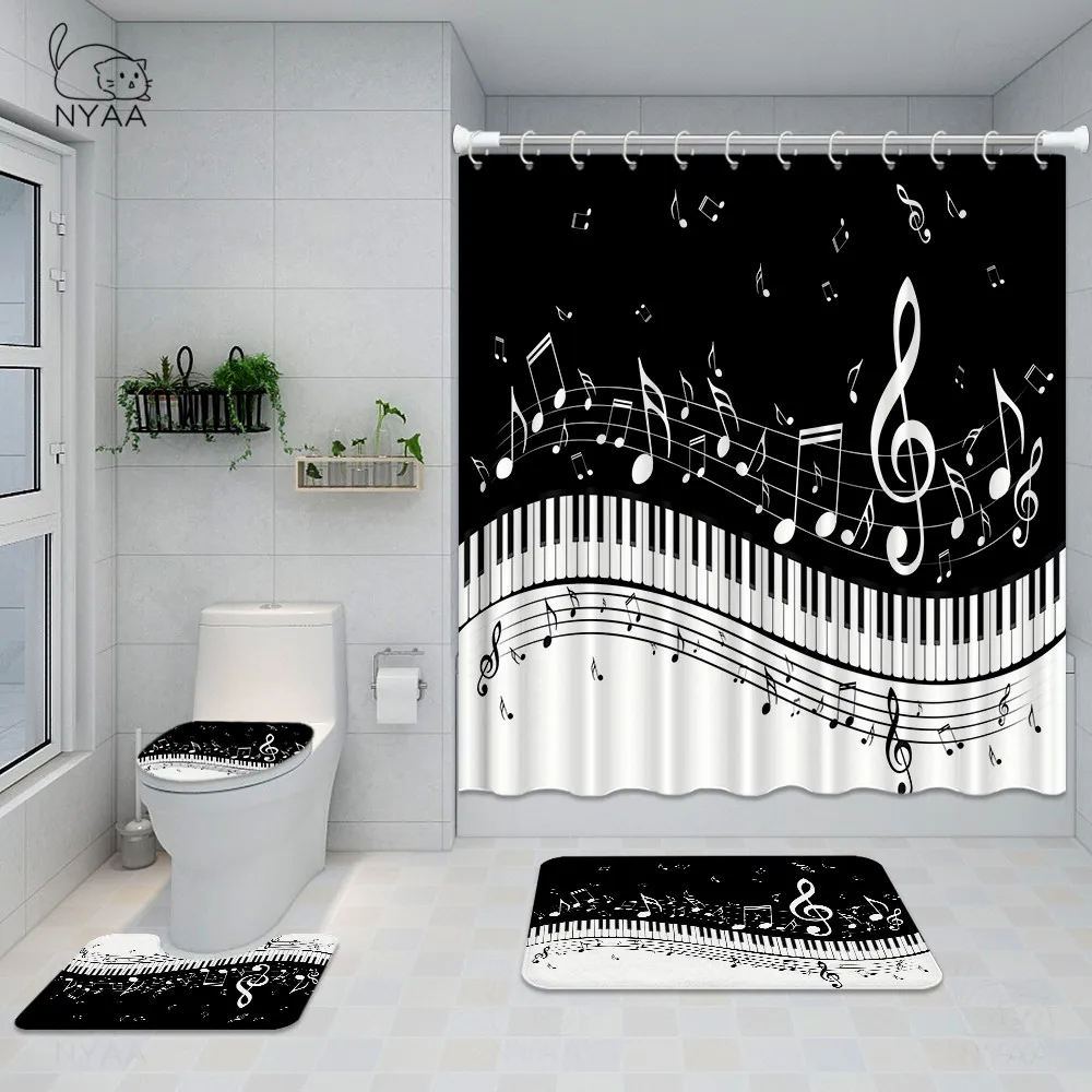 

Mildew Waterproof Shower Curtain Set With Hooks Piano Key Music Note Bathroom Decor Non-Slip Rug Toilet Seat Cover Bath Mats
