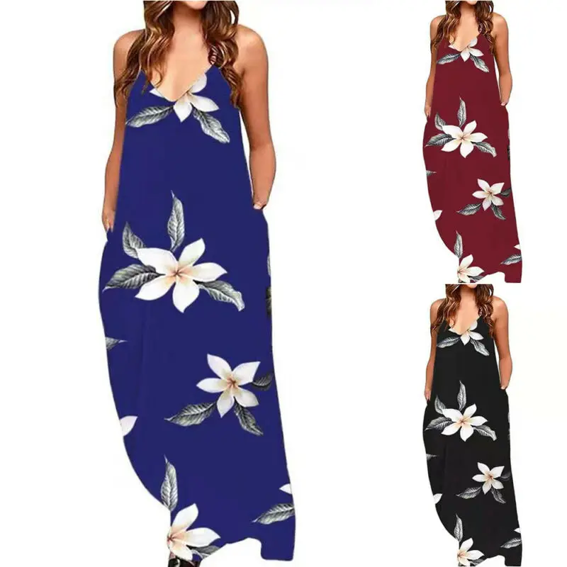 

Women Boho Floral Sleeeveless V Neck Dress Ladies Summer Party Vest Long Dress