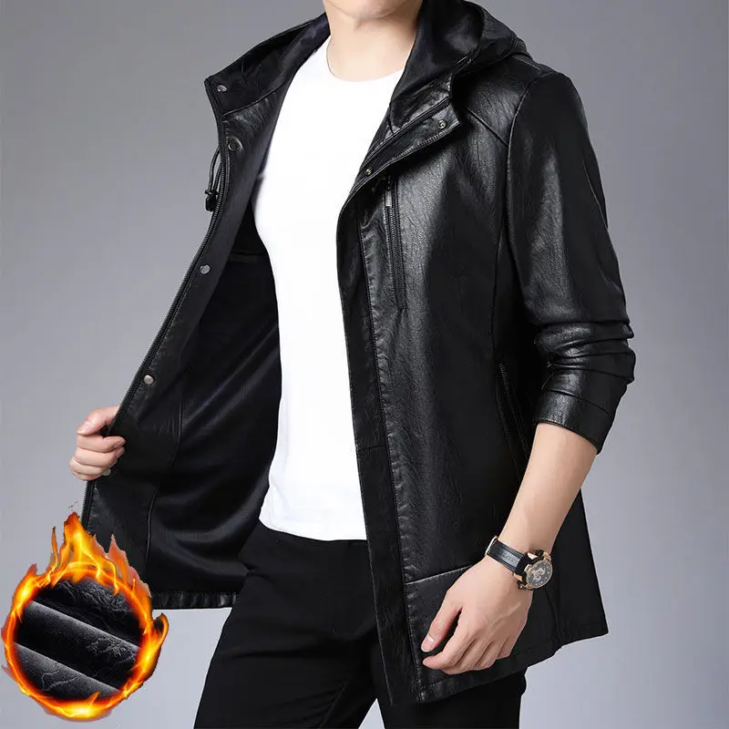 

Men 's Leather Coat Autumn And Winter New Korean Style Young And Middle-Aged Hooded Long-Sleeved Cardigan Fleece Padded Coat
