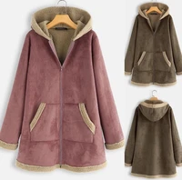 2020 wool coat winter zipper fleece jackets women vintage solid hooded long sleeve warm coats overcoats femme outwear
