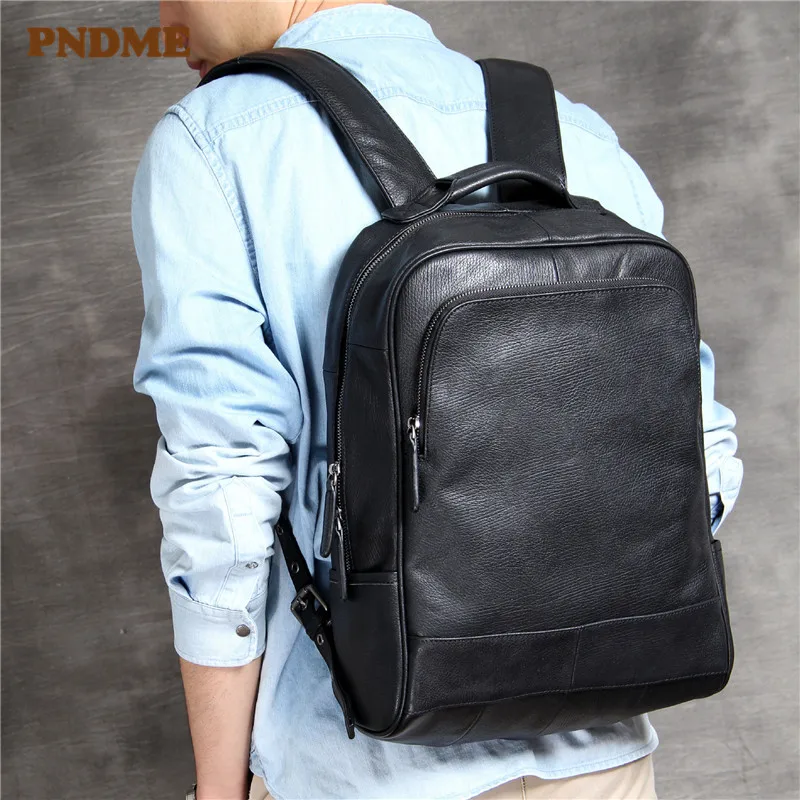 Casual high quality genuine leather men's women's black backpack classic real cowhide travel laptop bagpack luxury daily bookbag