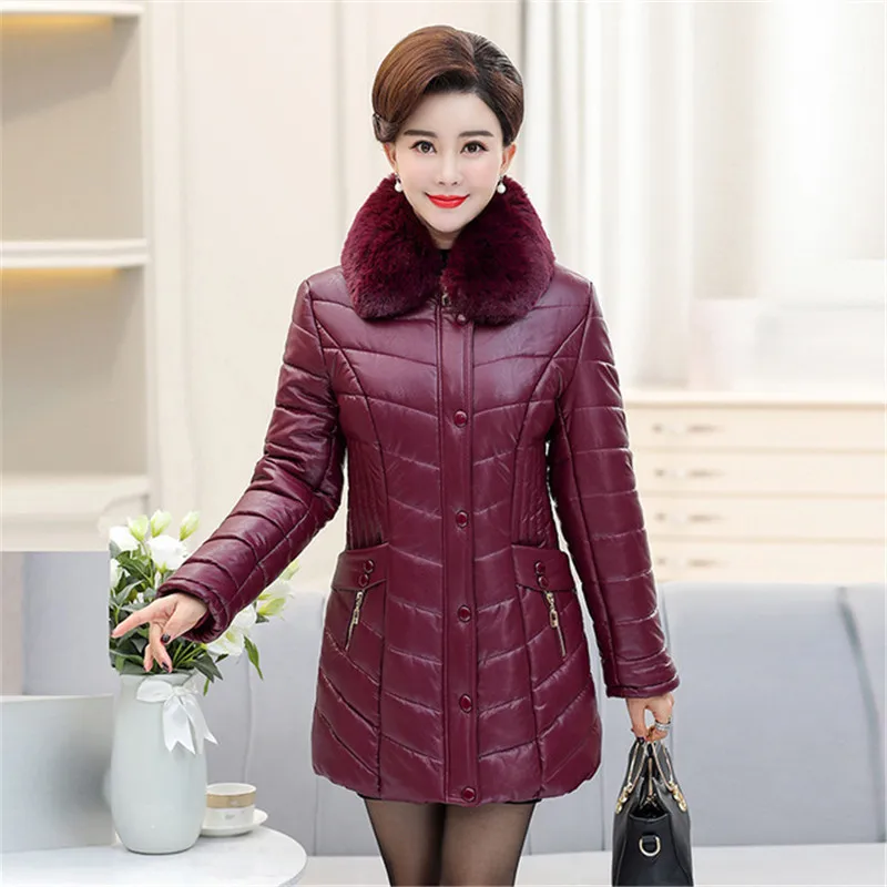 2022 Fashion PU Leather Jacket Women Winter Cotton Coat Middle-aged Warm Jackets Mid-Long Parker Overcoat Outerwear A1029