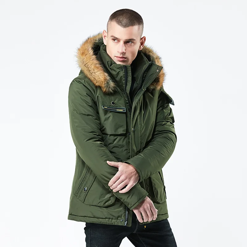 Мужская зимняя пуховая куртка с воротником из искусственного меха длинная