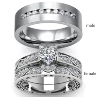 fashion couple jewelry simple cz stainless steel ring men women heart rhinestones zircon rings set wedding engagement band ring