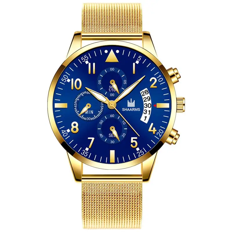 Новые золотые мужские роскошные деловые часы с сетчатым ремешком из нержавеющей
