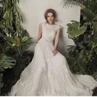 Женское свадебное платье с открытой спиной, кружевное простое платье-трапеция до пола с круглым вырезом и аппликацией, очаровательное платье со шлейфом в стиле бохо, 2021