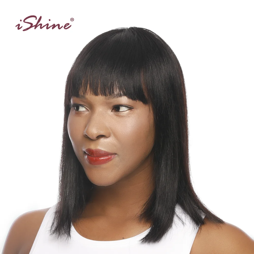

ISHINE Short Bob Wig With Bangs 12 Inch Human Hair Wigs Brazilian Straight Remy Hair for Black Women Daily Dress
