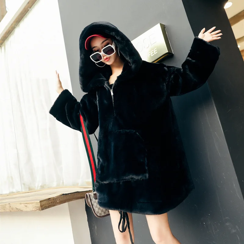 Winter new comfortable imitation fur pullover Jacket Women's medium and long imitation rabbit hair thickened Hooded Coat
