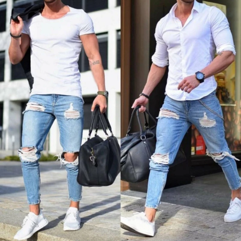 Ripped Jeans Men Fashion Destroyed Frayed Denim Pencil Pants Homme Casual Knee Hole Skinny Distressed Jeans Pantalon Streetwear