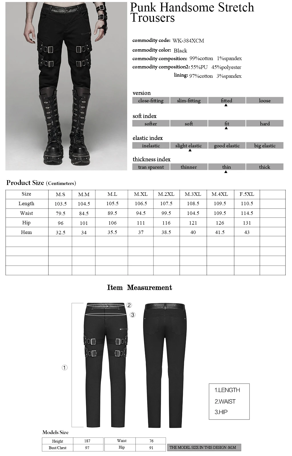 

Punk Rave Men's Handsome Stretch Trouser Twill Fabric And Coarse Grain Material Pu Leather Pant Personality Steampunk Long Pant