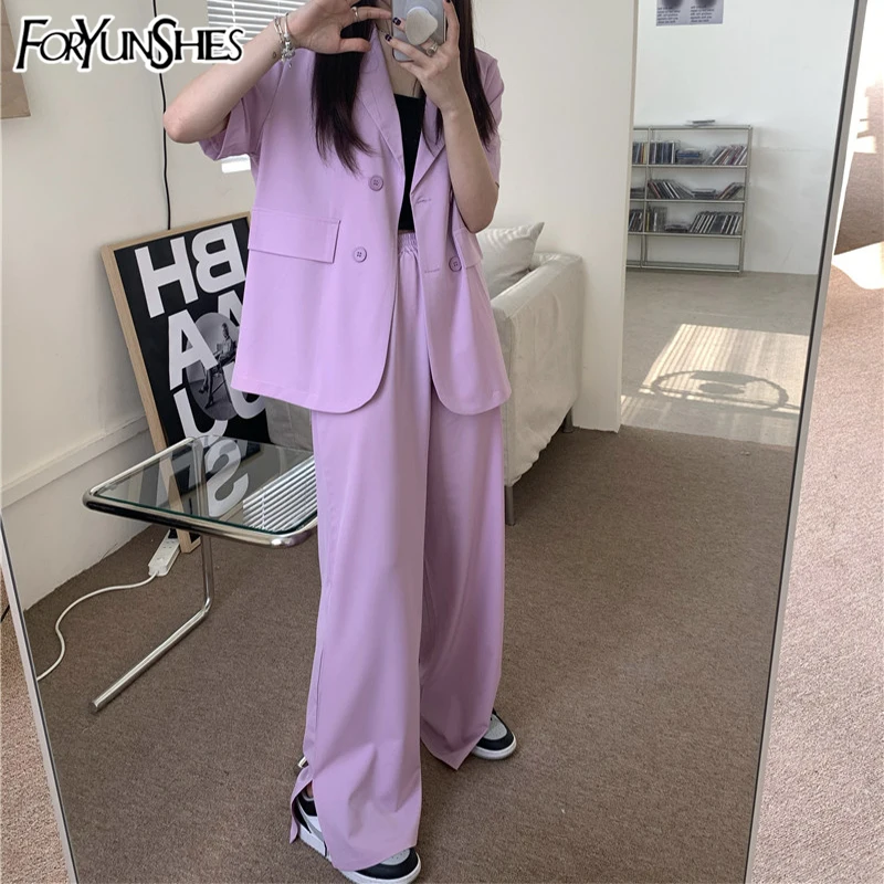 

Women Elegant 2 Piece Set Casual Double Breasted OL Blazer Jacket Sets Wide Leg Split Pants Korean Style Business Outwears 2021