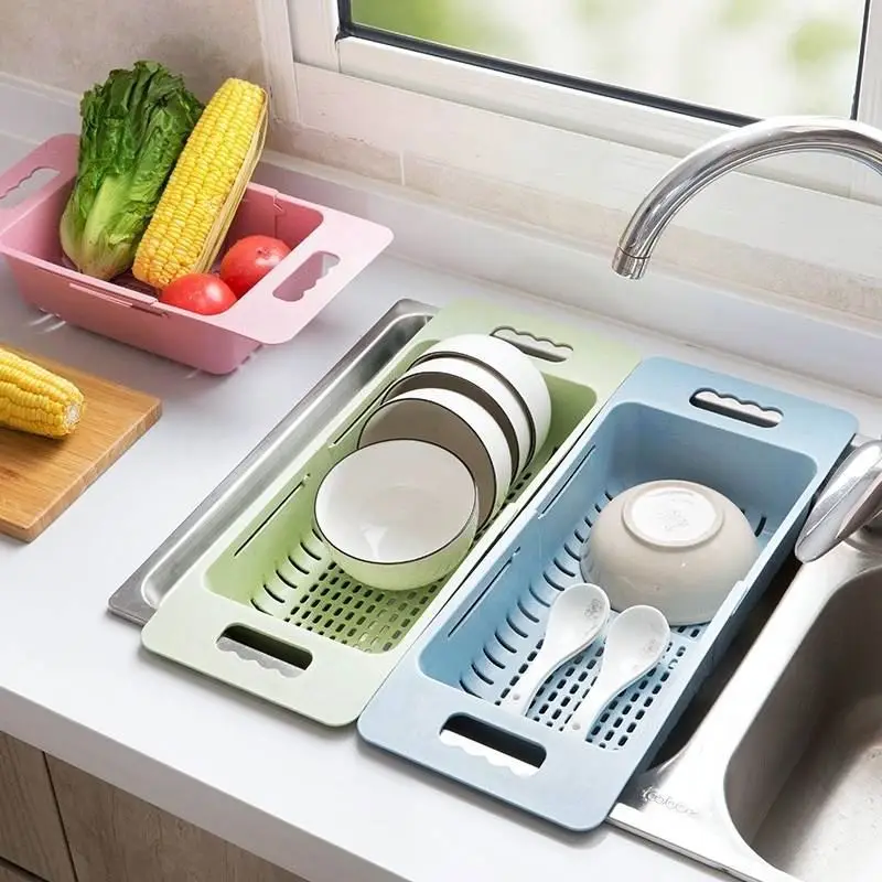 Plastic Retractable Drain Basket Multifunctional Washing Vegetable Fruit Drying Rack Over Sink Kitchen Storage Basket