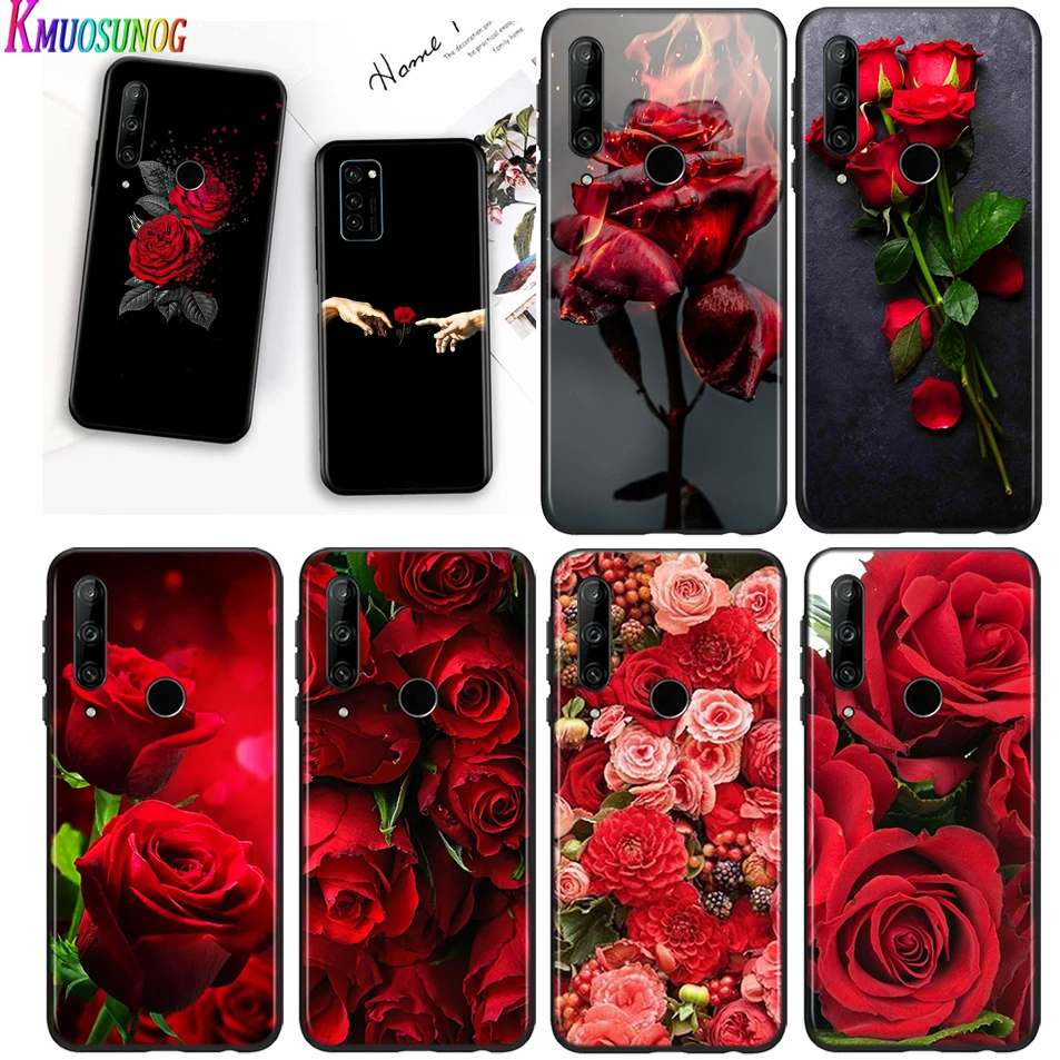 

Bright Black Cover Beautiful Red Roses for Huawei Honor 30 20S 20 10i 9S 9A 9C 9X 8X 10 9 Lite 8A 7C 7A Pro Phone Case