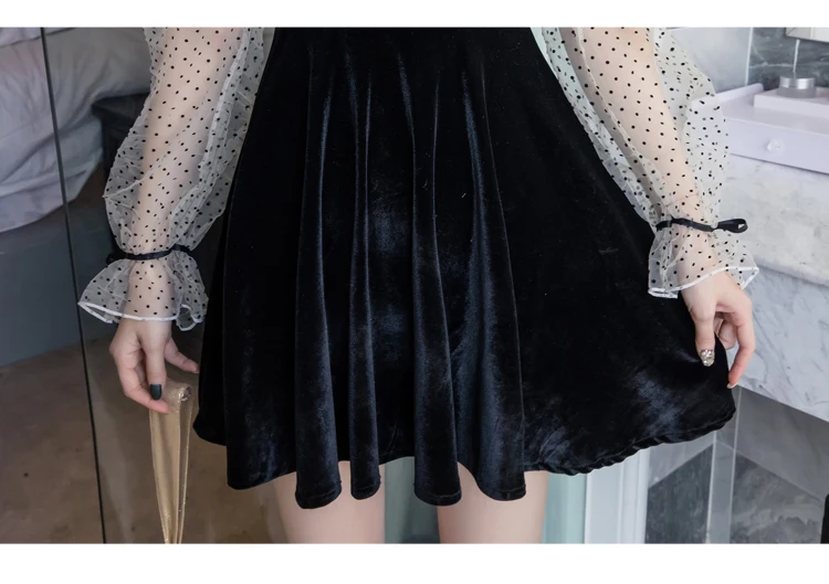 

Women Chiffon Velvet Dress Sexy Winter 2020 Autumn New Lace Dress Long-Sleeved Black Casual Dot Pleated Velvet Party Dress 950F