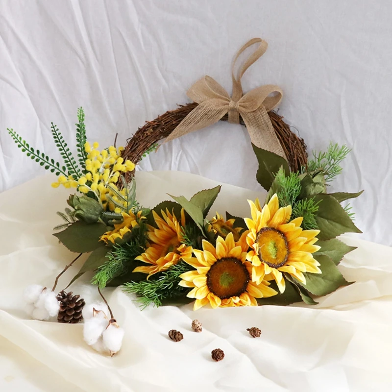 

38cm Artificial Sunflower Acacia Flower Spring Wreath Summer Door Garland Front Door Window Wedding Hanging Home Decor