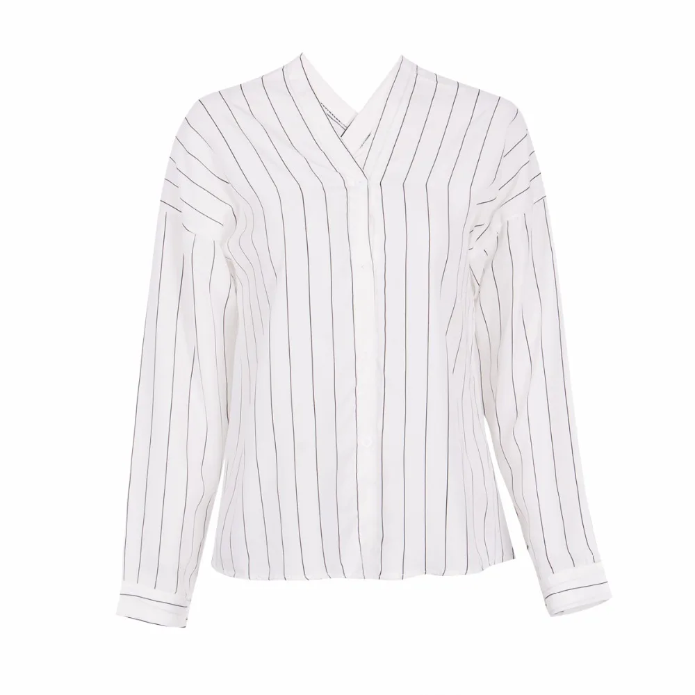 

HStar Ladies Long Sleeve V Neck Striped Blouse Casual Spring Summer Shirt Loose Cotton Clothes Tops White Tops 2020