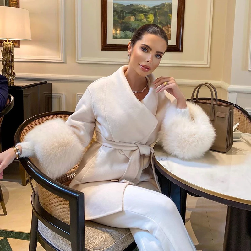 

Women's Winter Real Wool Coats 2021 Female Elegant Slim Cashmere Blend Natural Fox Fur Cuff Irregular Jacket With Belt