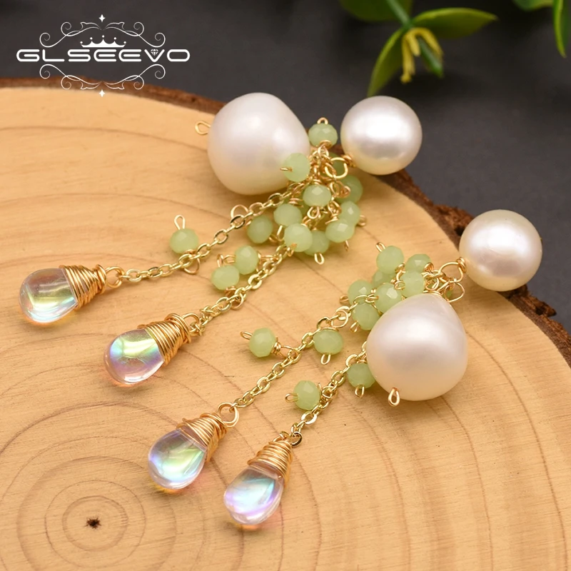 Серьги подвески GLSEEVO из натурального жемчуга для женщин хрустальные серьги с