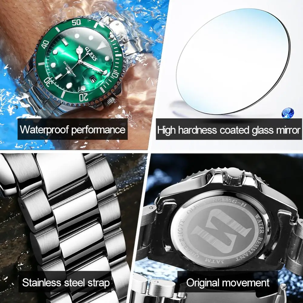

OLEVS fashion business waterproof men's watch imported movement quartz luminous pointer green water ghost watch green / black