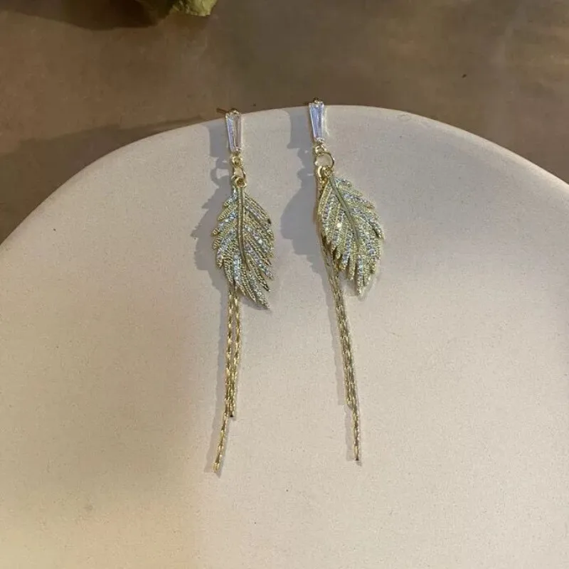 

Women New Full Diamond Leaf Tassel Dangle Earrings Birthday Present Party Jewelry