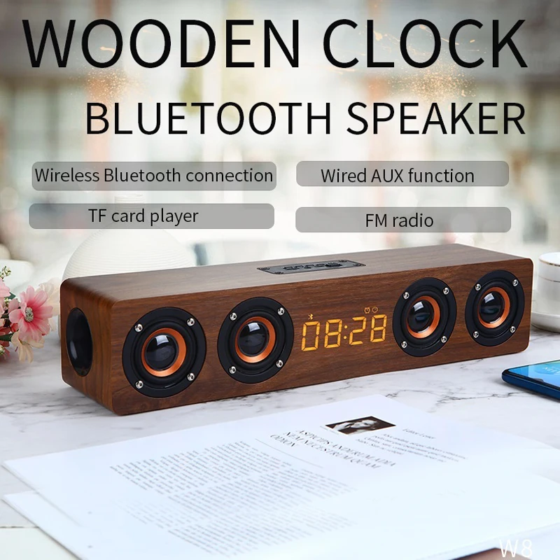 Wooden Soundbar Bluetooth Speaker Music Acoustic System 20W HIFI Stereo Music Surround LED Display Outdoor Speaker With FM Radi