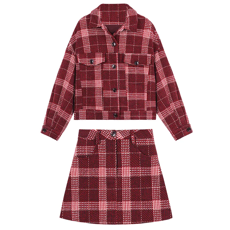 Женский винтажный комплект в клетку красное пальто на пуговицах с отложным