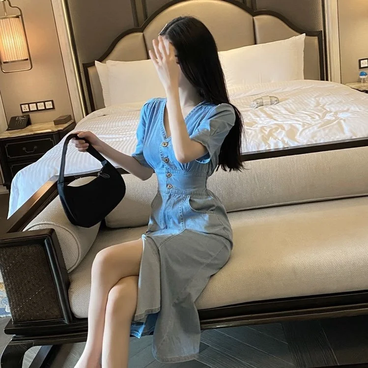 Шикарное джинсовое платье в стиле ретро женское облегающее Русалка средней