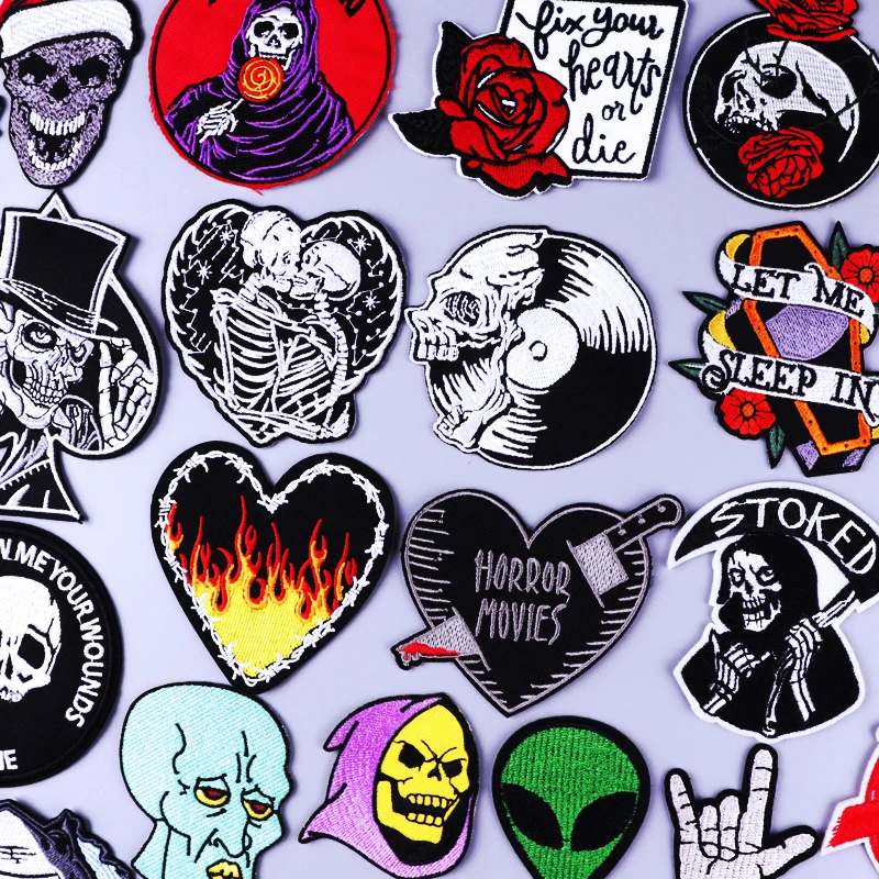 

Skull DIY Embroidered Patches For Clothing Hippie Rock Band Patch Iron On Patches For Clothes Stripes Punk Patch Sticker Badges