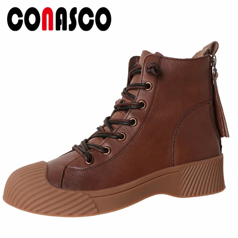 

CONASCO New Fashion Punk Women Short Boots Autumn Winter Warm Cow Leather Casual Prom Office Brand Design Motorcycle Shoes Woman