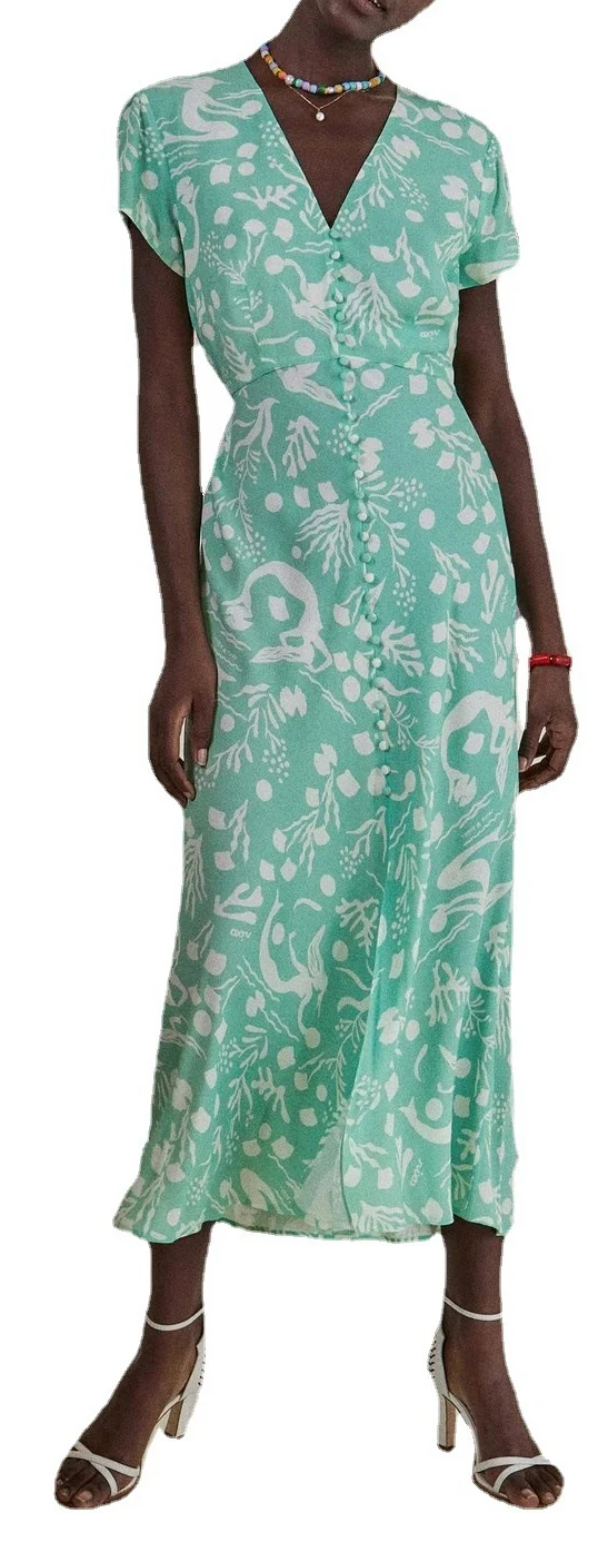 

Женское платье, Новинка лета 2021, стильное мятно-зеленое летнее платье средней длины с V-образным вырезом и принтом в стиле божьей коровки