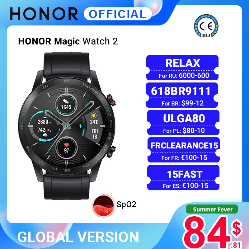 В наличии глобальная версия Honor Magic Watch 2 умные часы Bluetooth 5 1 с кислородом крови 14 дней водонепроницаемые