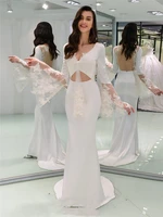 charming mermaid boho wedding dresses long flare sleeve bridal gowns appliqued sexy backless beach customize wedding gowns