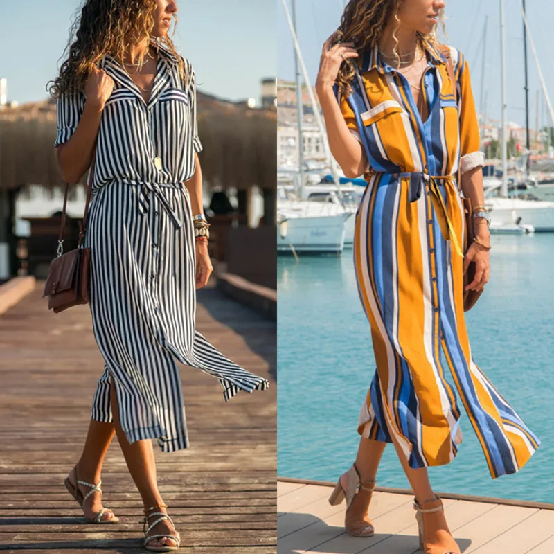 

BBSET Women Elegant Shirt Style Vertical Stripe Belted Waist Shirt Dress Long Sleeve Women Vestido Office Vintage Women Dress