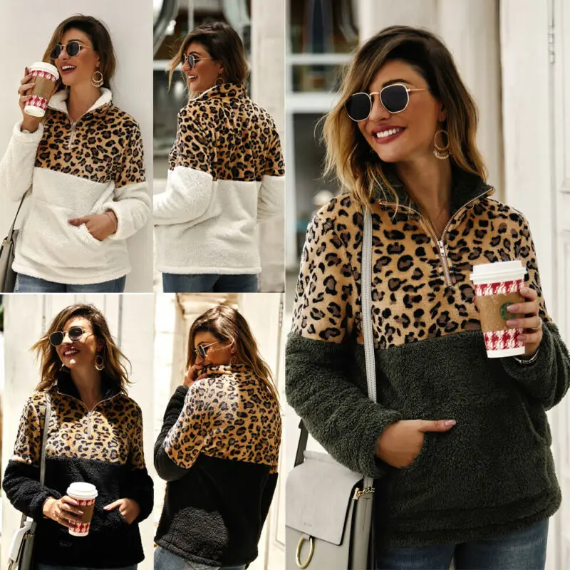 2019 Winter Fleece Sweater Fashion Leopard Patchwork Fluffy Thick Sweaters Warm Zipper Pullovers Women Coat Sherpa Tops | Женская одежда