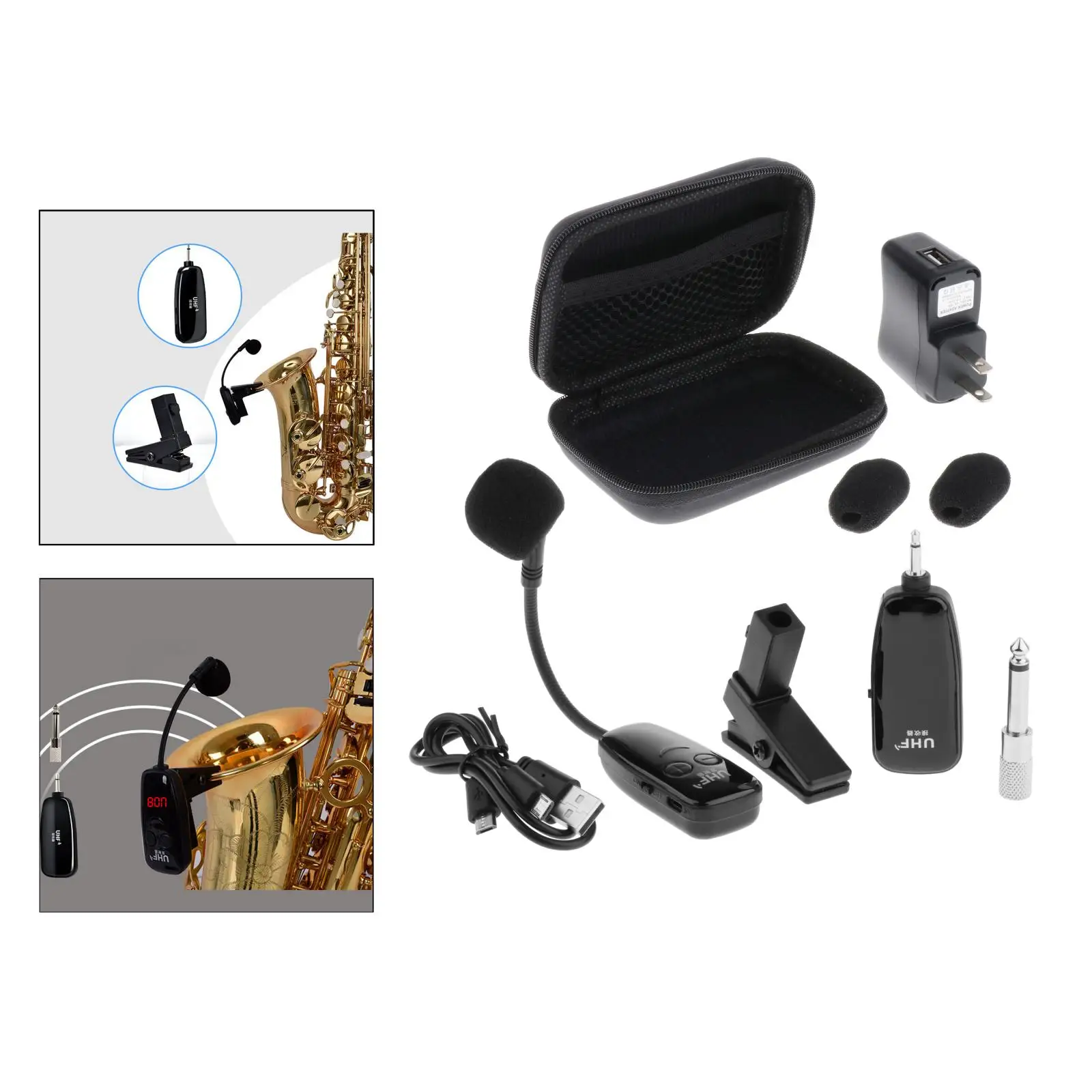 

UHF Wireless Instruments Saxophone Microphone, with Receiver for Speaker Professional Musical Trumpet HiFi Voice Amplifier