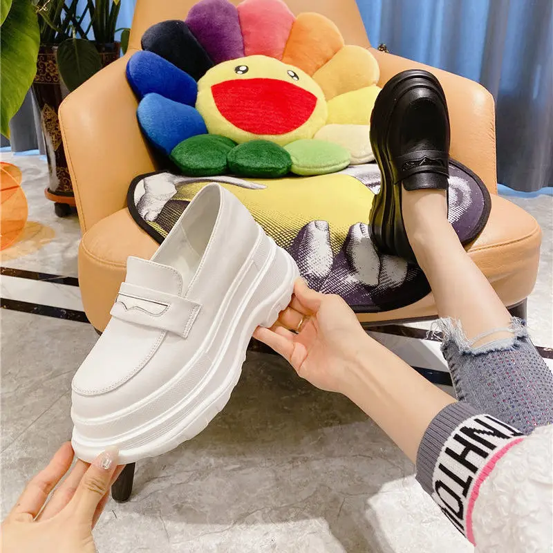 

European Station Small Leather Shoes Women 2021 Autumn Internet Celebrity Thick Bottom Muffin Wedge British Slip-on Pumps