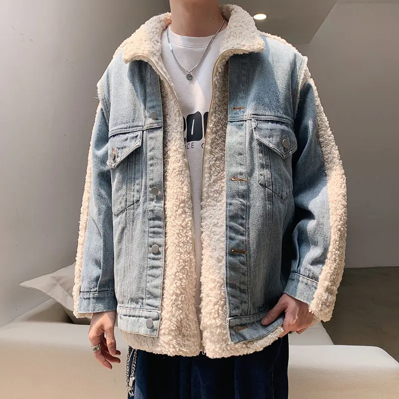 

Trendy Patchwork Lamb Wool Denim Jacket Coat Men Autumn Winter Stand Collar Fake Two-piece Jacket Big Size Men Thick Warm Coat
