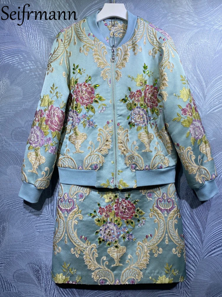 

Seifrmann New 2021 Autumn Women Fashion Runway Skirts Set Lantern Sleeve Beading Coats + High Waist Short Pencil Skirts Suits