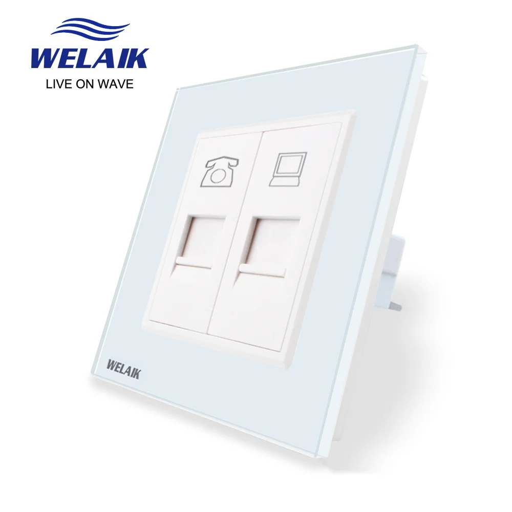 WELAIK EU 1Frame Crystal-Glass-Panel CAT6 RJ45 Telephone Computer Internet Wall Socket 80*80mm A18TPCOW | Обустройство дома