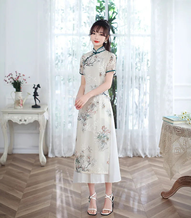 FZSLCYIYI Aodai китайский женский элегантный короткий рукав Qipao ручной работы на