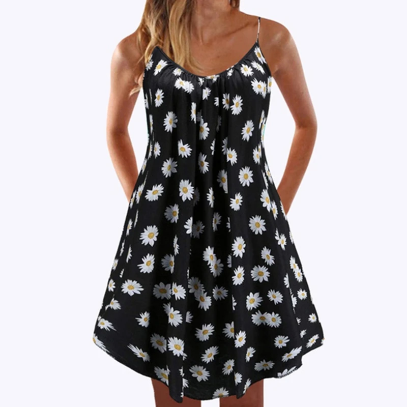 

Summer New Women Dress Dot Print Fashion Sexy Sleeveless Dot Daisy Print Beach Dress Black White Casual Female Holiday Dress