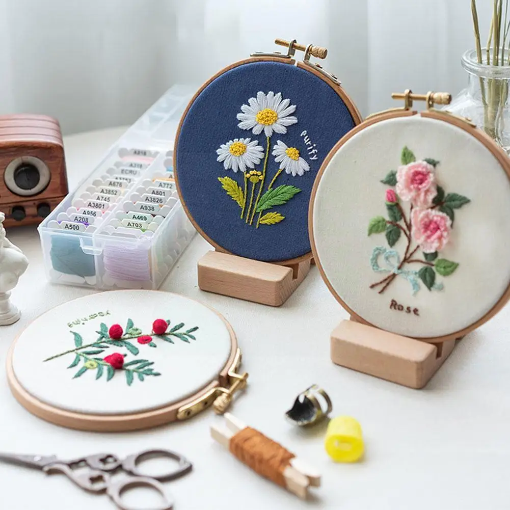 

New Daisy Sunflower Peony Embroidery Set Needlework Round Embroidery Tools Craft Kit DIY Stitch Flowers Sewing Kit Printed T4V3