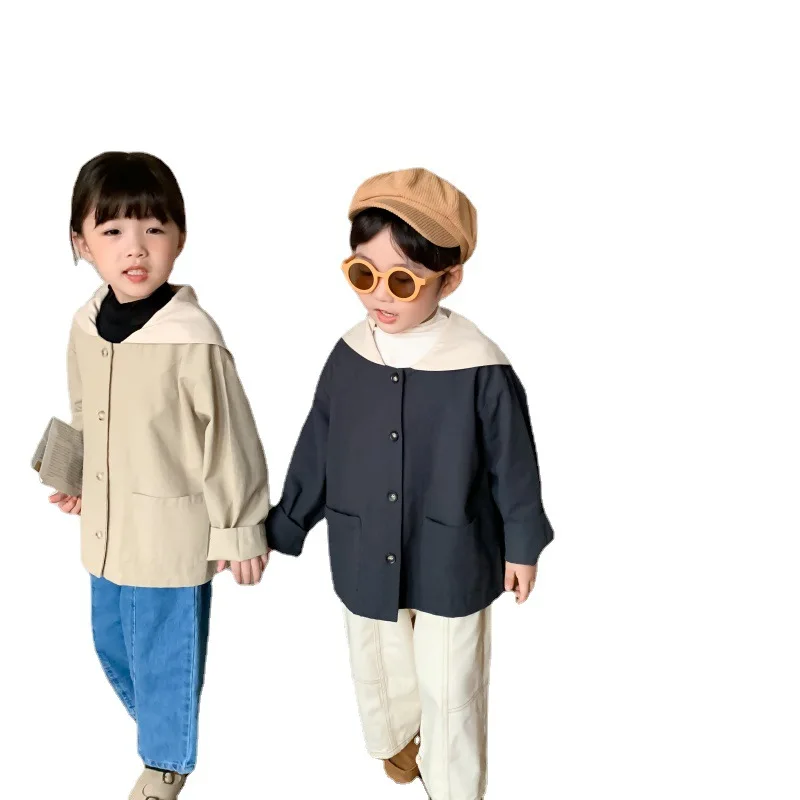 Children's Jacket 2021 Autumn New Korean Style Boys and Girls Plain Large Lapel Coat Solid Color Casual Top | Детская одежда и