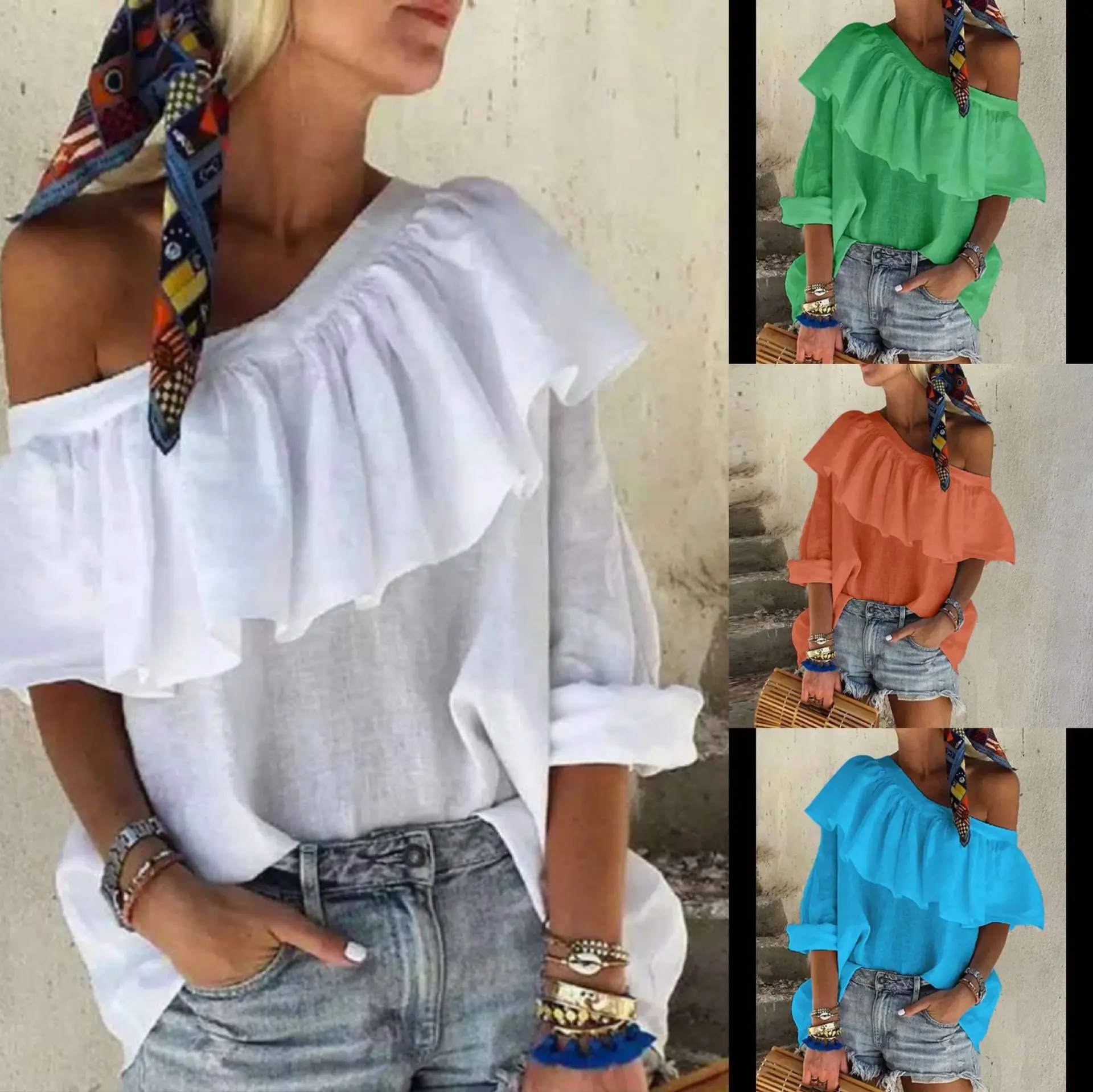 

WEPBEL T-shirt Women's Fashion Solid Color Ruffles Splicing T-shirt Summer Casual Loose Slash Neck Butterfly Sleeve T-shirt