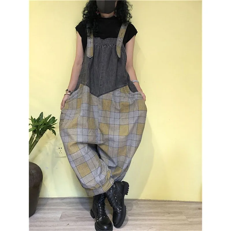 

Spring Autumn New Arts Style Big Size Women Jumpsuits Plaid Patchwork Denim Vintage braces Jumpsuit Femme Loose pants