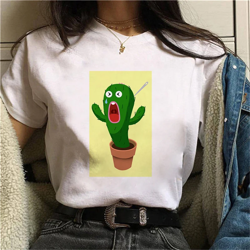 

Cactus printed female T-shirt Harajuku graphic T-shirt short-sleeved white fashion personality T-shirt