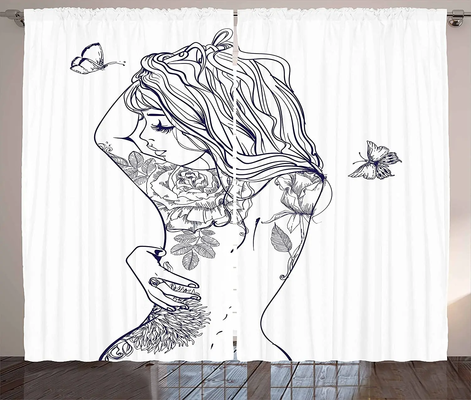 

Tattoo Blackout Curtains Sexy Woman with Floral Butterfly Beauty Leaves Botanical Figures on Her Back Window Curtain