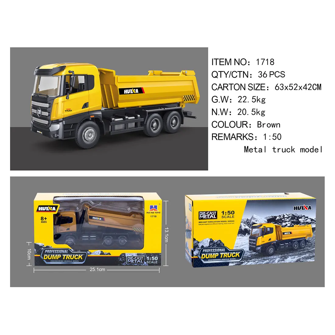 

1:50 Static Alloy Dump Truck Engineering Truck Construction Vehicle Toys Collection Educational Toy For Kids Gift - Huina 1718