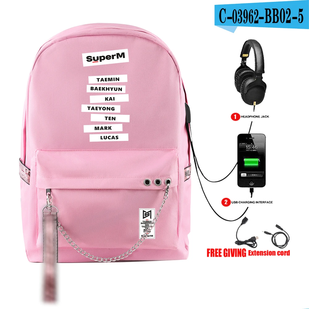 SuperM рюкзак KPOP крутой логотип команды стильный с подвесным орнаментом с USB молнией модный рюкзак для путешествий - Цвет: BB02